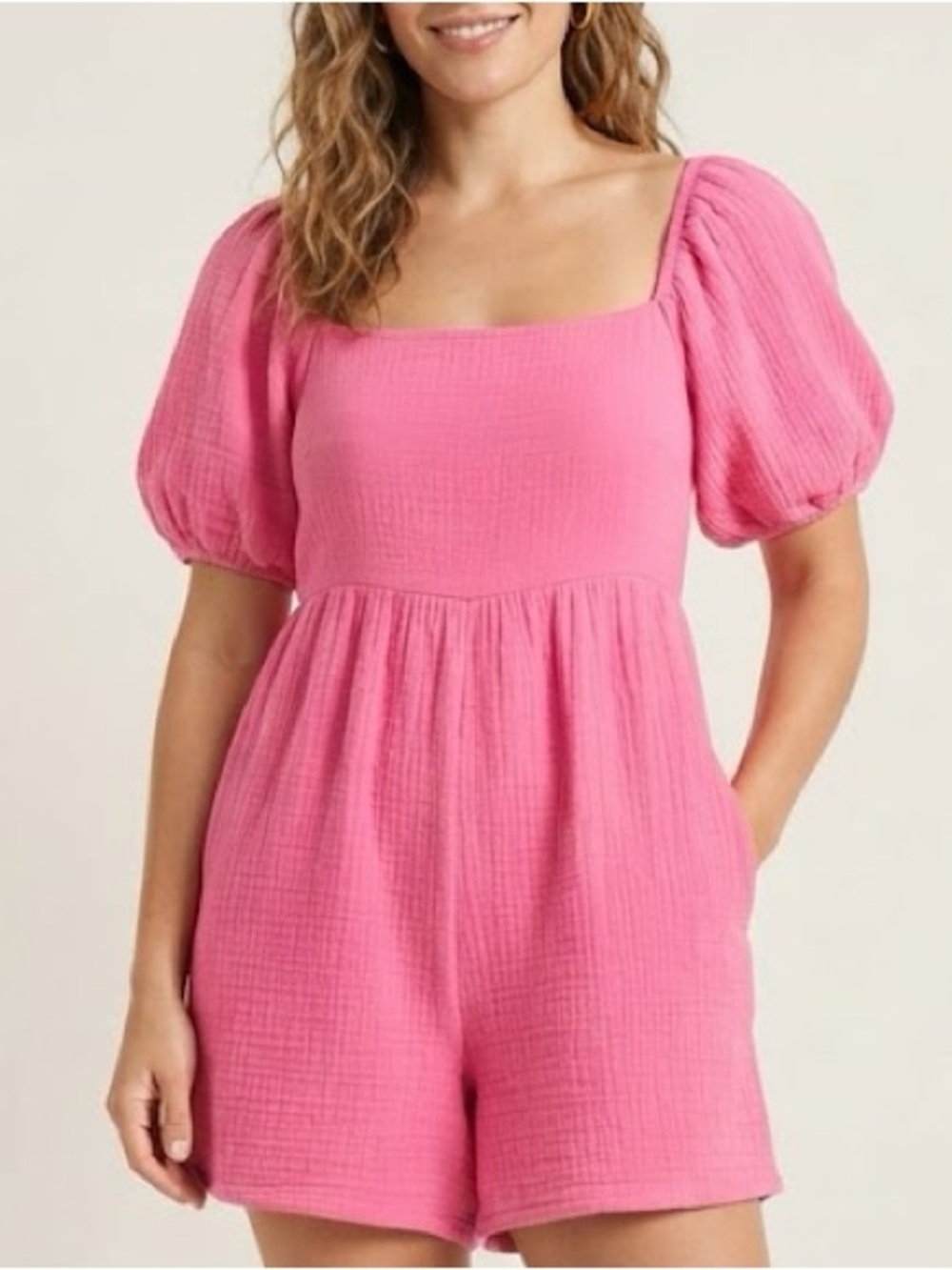 &Merci Square Neck Puff-Sleeve Pink Romper